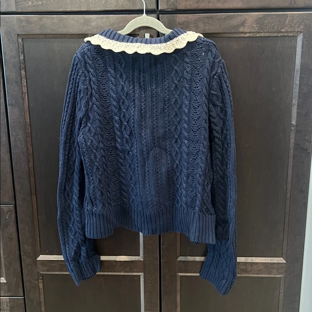 Jessica Simpson Navy Cable Knit Cardigan with Cream Collar EUC - Picture 5 of 6